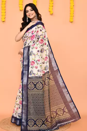 off white printed cotton saree with zari border
