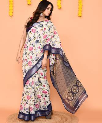 off white printed cotton saree with zari border 3