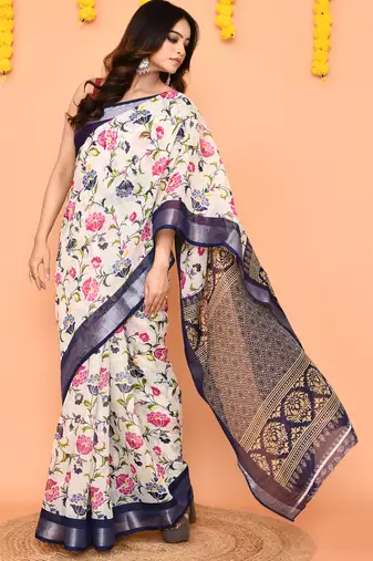 off white printed cotton saree with zari border