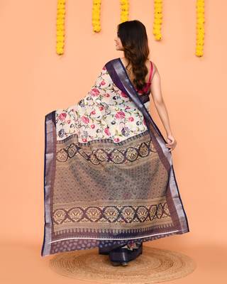 off white printed cotton saree with zari border 4