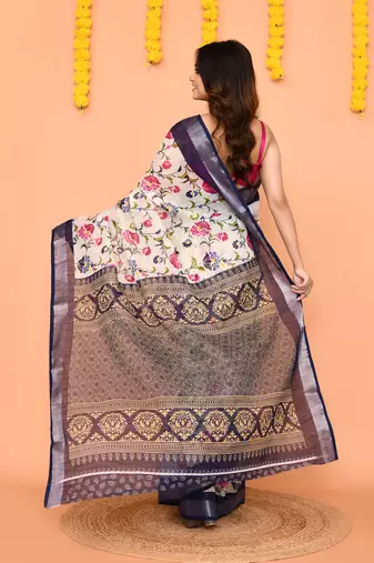 off white printed cotton saree with zari border