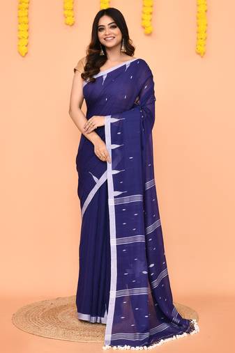 soft mul cotton blue jamdani saree with net tassels