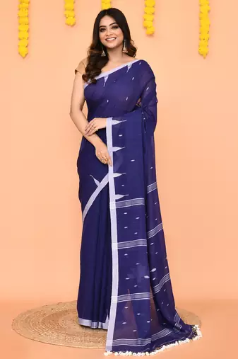 soft mul cotton blue jamdani saree with net tassels