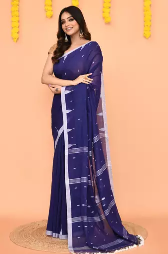 soft mul cotton blue jamdani saree with net tassels