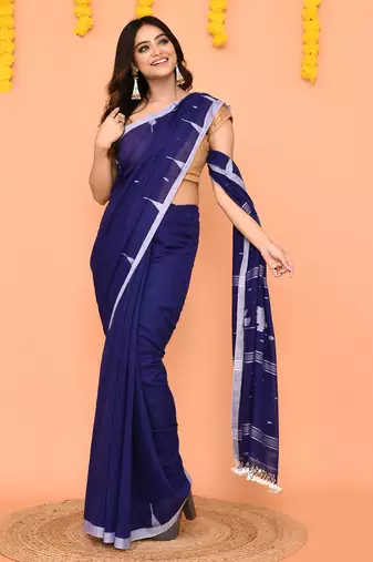 soft mul cotton blue jamdani saree with net tassels