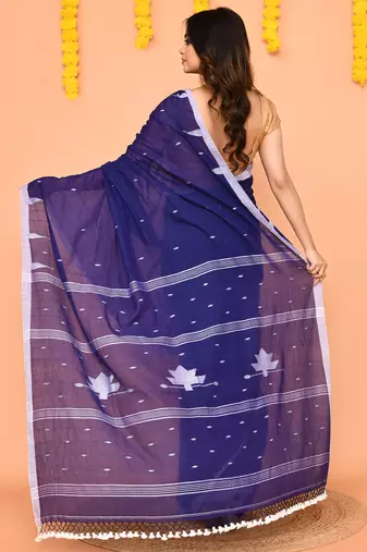 soft mul cotton blue jamdani saree with net tassels