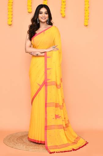 soft mul cotton yellow jamdani saree with net tassels
