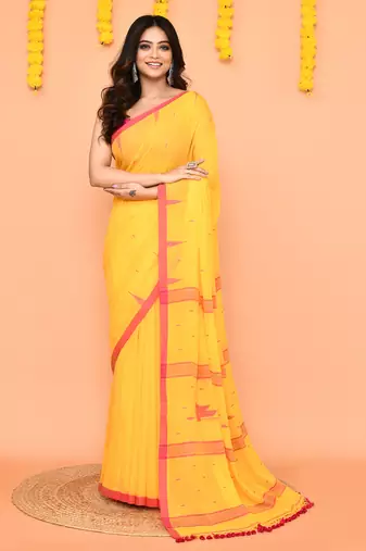 soft mul cotton yellow jamdani saree with net tassels