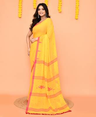 soft mul cotton yellow jamdani saree with net tassels 2
