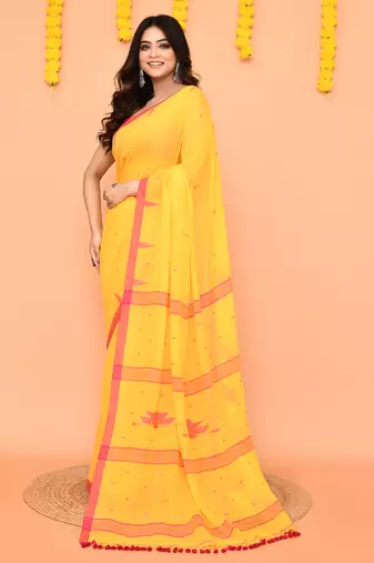 soft mul cotton yellow jamdani saree with net tassels