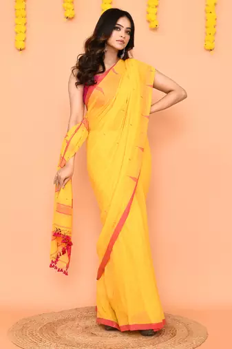 soft mul cotton yellow jamdani saree with net tassels