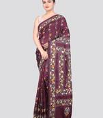 multicolour handloom silk embroidered katha stitch work saree with blouse piece