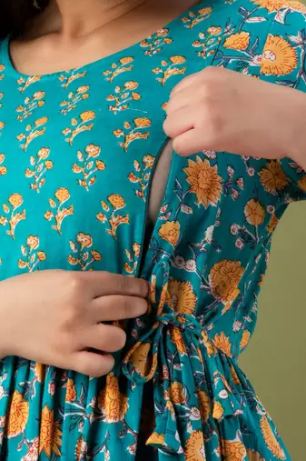 Sky blue  floral printed  cotton flared maternity maxi dress