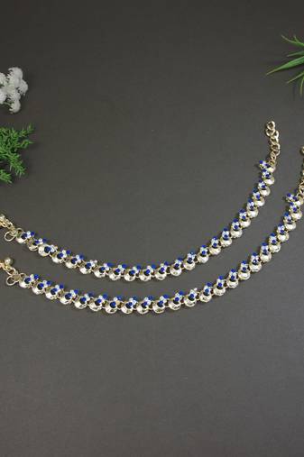 Gold plated traditional kundan stone payal anklets for women (blue)