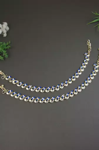 Gold plated traditional kundan stone payal anklets for women (blue)