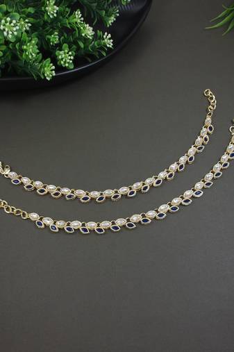 Gold plated traditional kundan stone payal anklets for women (blue)