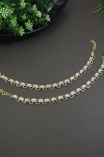 Gold plated traditional kundan stone payal anklets for women (blue)