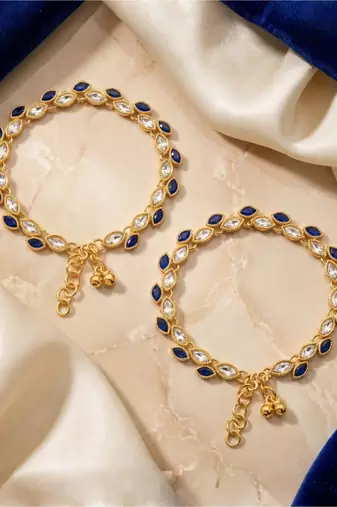 Blue Gold Plated Kundan Stone Payal Anklets Women