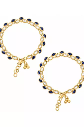Blue Gold Plated Kundan Stone Payal Anklets Women