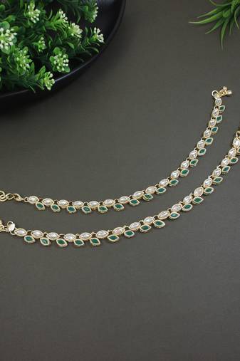 Gold plated traditional kundan stone payal anklets for women (green)