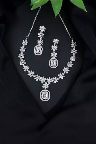 Silver plated cubic zirconia american diamond cz special chain necklace with earrings set for women