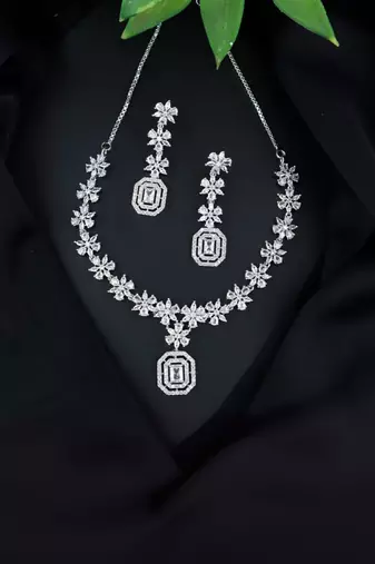 Silver plated cubic zirconia american diamond cz special chain necklace with earrings set for women