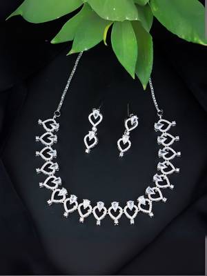 Stylish silver plated cubic zirconia american diamond cz ad necklace jewellery set for women  1