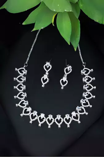 Stylish silver plated cubic zirconia american diamond cz ad necklace jewellery set for women 