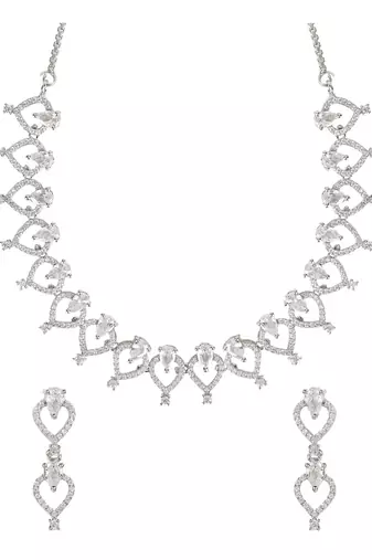 Stylish silver plated cubic zirconia american diamond cz ad necklace jewellery set for women 