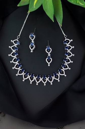 Stylish silver plated cubic zirconia american diamond cz ad necklace jewellery set for women & (ad0029zbl)
