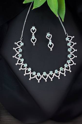 Stylish silver plated cubic zirconia american diamond special necklace with earrings set for women