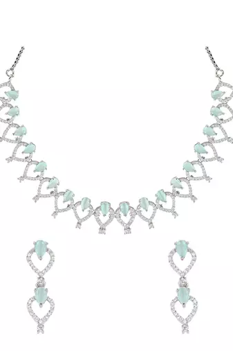 Stylish silver plated cubic zirconia american diamond special necklace with earrings set for women