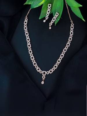 Rose gold plated cubic zirconia american diamond cz special chain necklace with earrings set for women 1