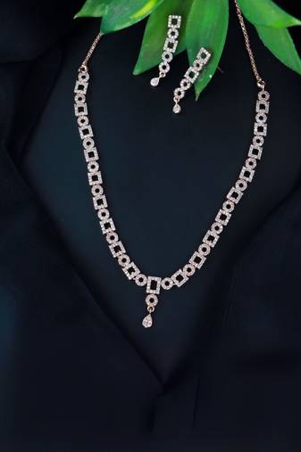 Rose gold plated cubic zirconia american diamond cz special chain necklace with earrings set for women