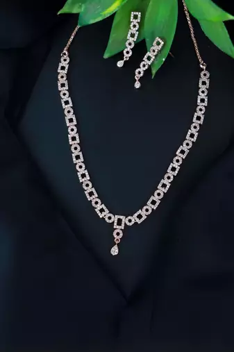 Rose gold plated cubic zirconia american diamond cz special chain necklace with earrings set for women