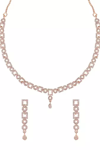Rose gold plated cubic zirconia american diamond cz special chain necklace with earrings set for women