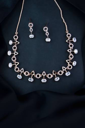 Rose gold plated cubic zirconia american diamond cz special chain necklace with earrings set for women