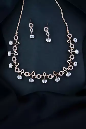 Rose gold plated cubic zirconia american diamond cz special chain necklace with earrings set for women