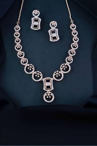 Rose gold plated cubic zirconia american diamond cz special chain necklace with earrings set for women