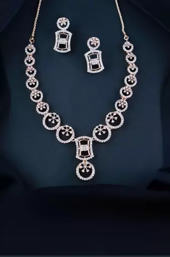 Rose gold plated cubic zirconia american diamond cz special chain necklace with earrings set for women