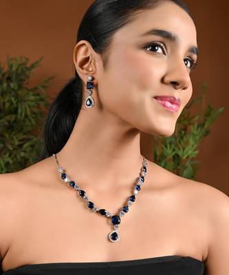 Silver plated cubic zirconia american diamond special necklace & drop earrings jewellery set for women 1