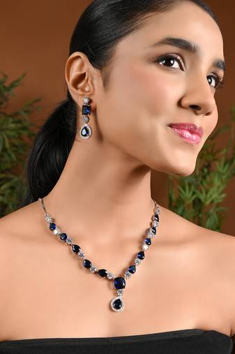 Silver plated cubic zirconia american diamond special necklace & drop earrings jewellery set for women