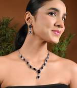 Silver plated cubic zirconia american diamond special necklace & drop earrings jewellery set for women