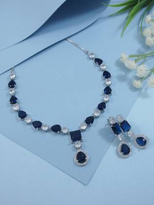 Silver plated cubic zirconia american diamond special necklace & drop earrings jewellery set for women 2