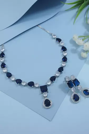 Silver plated cubic zirconia american diamond special necklace & drop earrings jewellery set for women