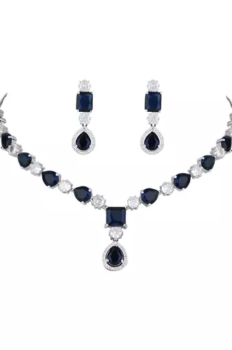 Silver plated cubic zirconia american diamond special necklace & drop earrings jewellery set for women