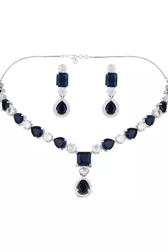 Silver plated cubic zirconia american diamond special necklace & drop earrings jewellery set for women