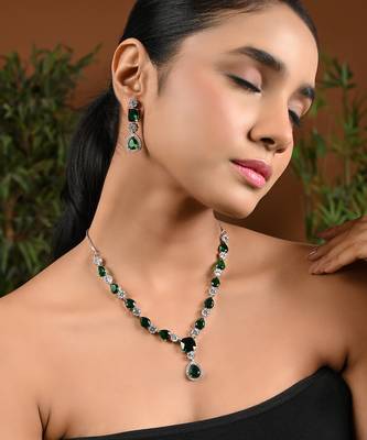 Silver plated cubic zirconia american diamond special necklace & drop earrings jewellery set for women 1