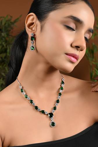 Silver plated cubic zirconia american diamond special necklace & drop earrings jewellery set for women