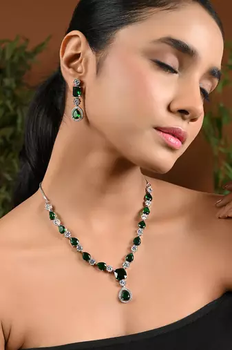 Silver plated cubic zirconia american diamond special necklace & drop earrings jewellery set for women